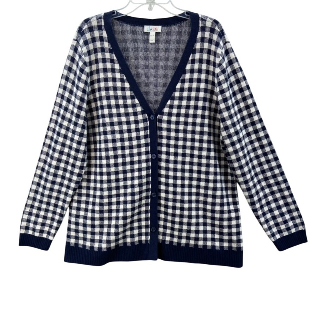 Denim & Co Cardigan Womens XL Navy Blue Excellent Gingham V-Neck Button Front